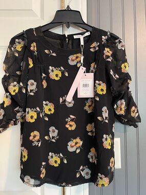 Avec Les Filles Black Floral Puff-Sleeve Blouse with Yellow & Blue Flowers